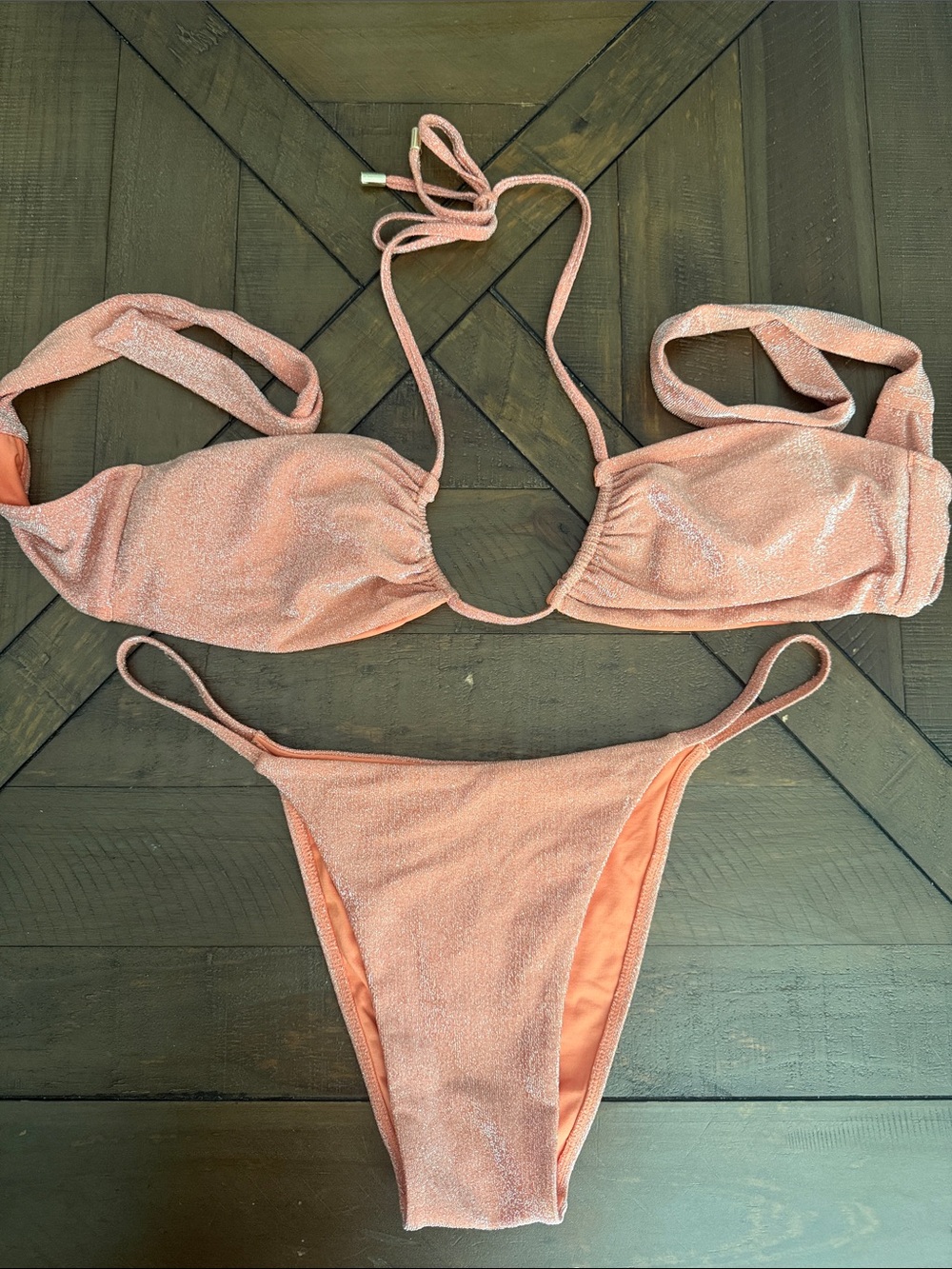 Monday Swimwear Orange Shimmer 2 Piece Bikini Set Cheeky Bottoms size M L